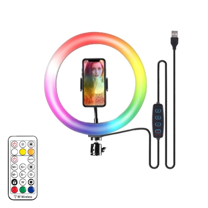 Desktop RGB Selfie Ring Light: black, white RGB ring light kit with phone holder, mini tripod, USB cable/controller, and remo