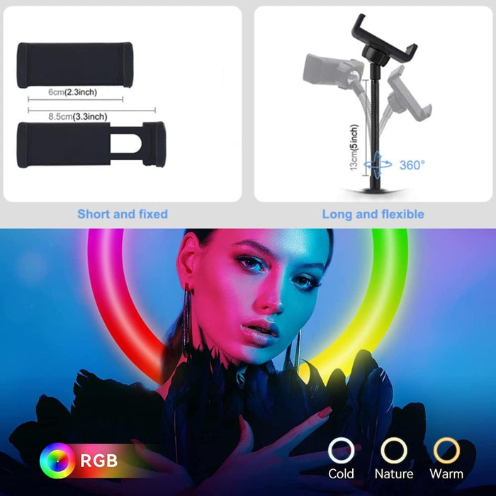 Desktop RGB Selfie Ring Light: black, white RGB ring light kit with phone holder, mini tripod, USB cable/controller, and remo