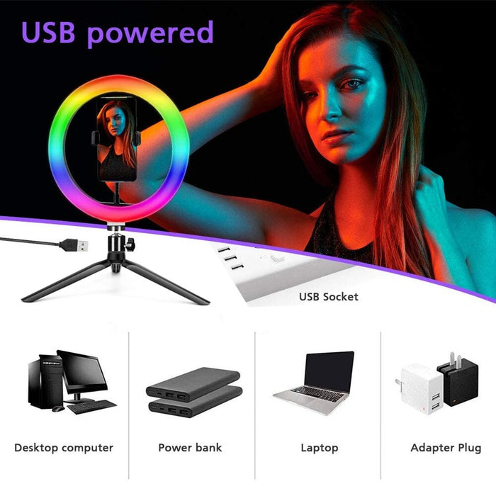 Desktop RGB Selfie Ring Light: black, white RGB ring light kit with phone holder, mini tripod, USB cable/controller, and remo