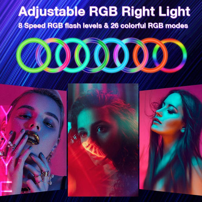 Desktop RGB Selfie Ring Light: black, white RGB ring light kit with phone holder, mini tripod, USB cable/controller, and remo