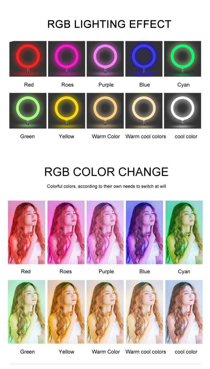 Desktop RGB Selfie Ring Light: black, white RGB ring light kit with phone holder, mini tripod, USB cable/controller, and remo