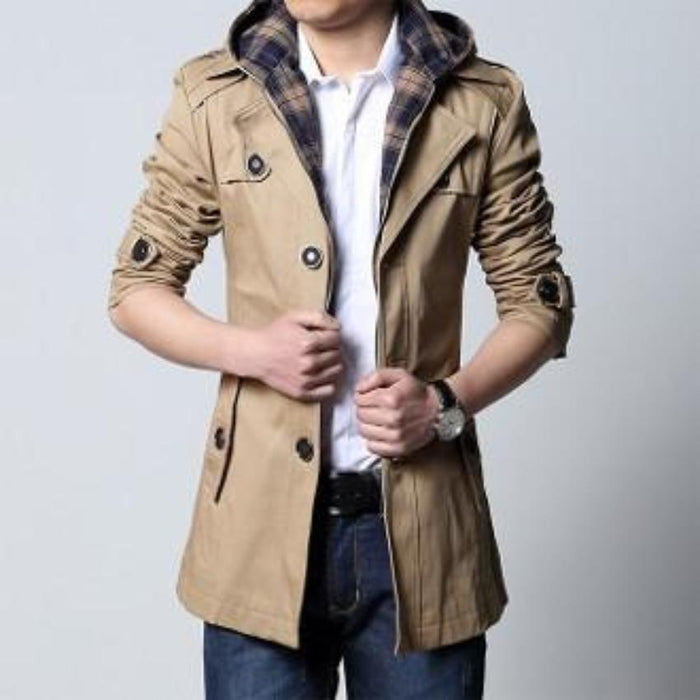 Detachable Hooded Beige Men's Trench Coat: tan beige, dark brown jacket, casual trench-inspired style
