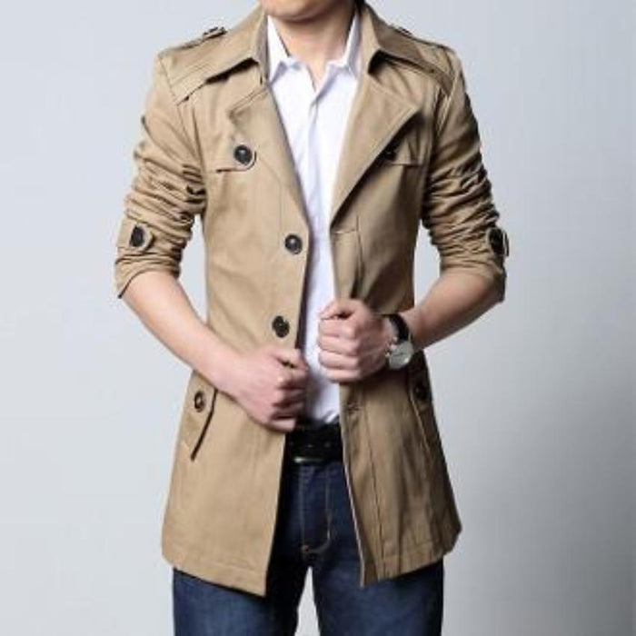 Detachable Hooded Beige Men's Trench Coat: tan beige, dark brown jacket, casual trench-inspired style