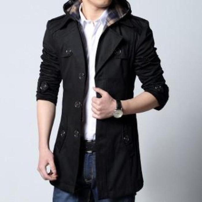 Detachable Hooded Beige Men's Trench Coat: tan beige, dark brown jacket, casual trench-inspired style