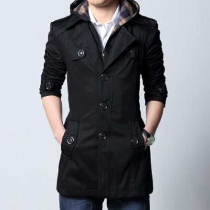 Detachable Hooded Beige Men's Trench Coat: tan beige, dark brown jacket, casual trench-inspired style