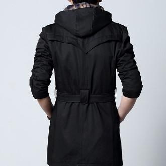 Detachable Hooded Beige Men's Trench Coat: tan beige, dark brown jacket, casual trench-inspired style