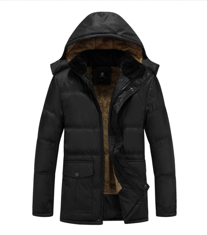 Detachable Hooded Men's Fur-Lined Jacket: black, brown hooded puffer jacket, minimal casual outerwear style