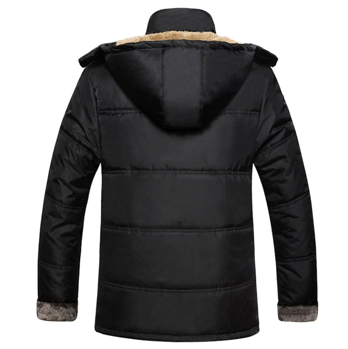Detachable Hooded Men's Fur-Lined Jacket: black, brown hooded puffer jacket, minimal casual outerwear style