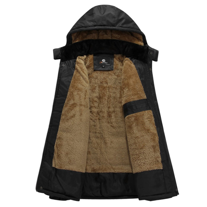 Detachable Hooded Men's Fur-Lined Jacket: black, brown hooded puffer jacket, minimal casual outerwear style