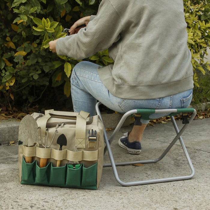 Detachable Mini Chair Multi Purpose Gardening Tool Organizer Bag: beige, green garden tool tote bag, practical utility style