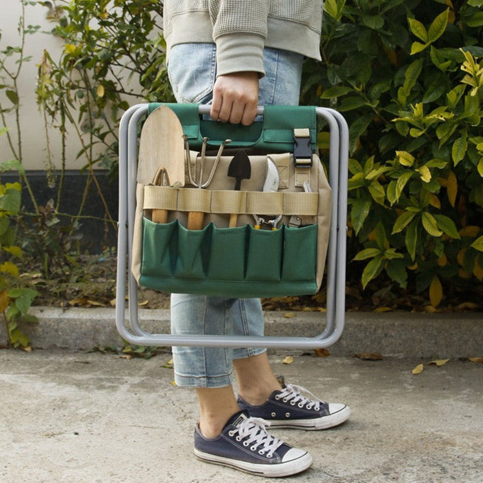Detachable Mini Chair Multi Purpose Gardening Tool Organizer Bag: beige, green garden tool tote bag, practical utility style