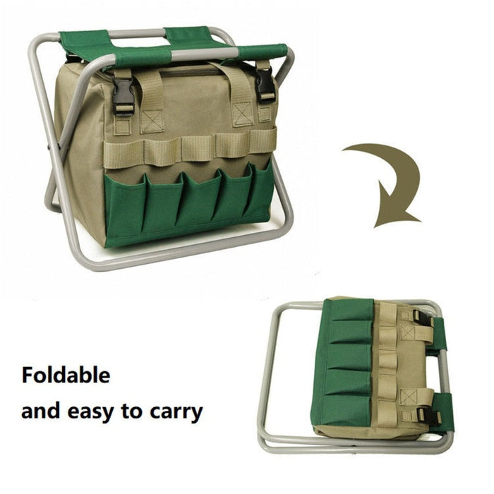 Detachable Mini Chair Multi Purpose Gardening Tool Organizer Bag: beige, green garden tool tote bag, practical utility style
