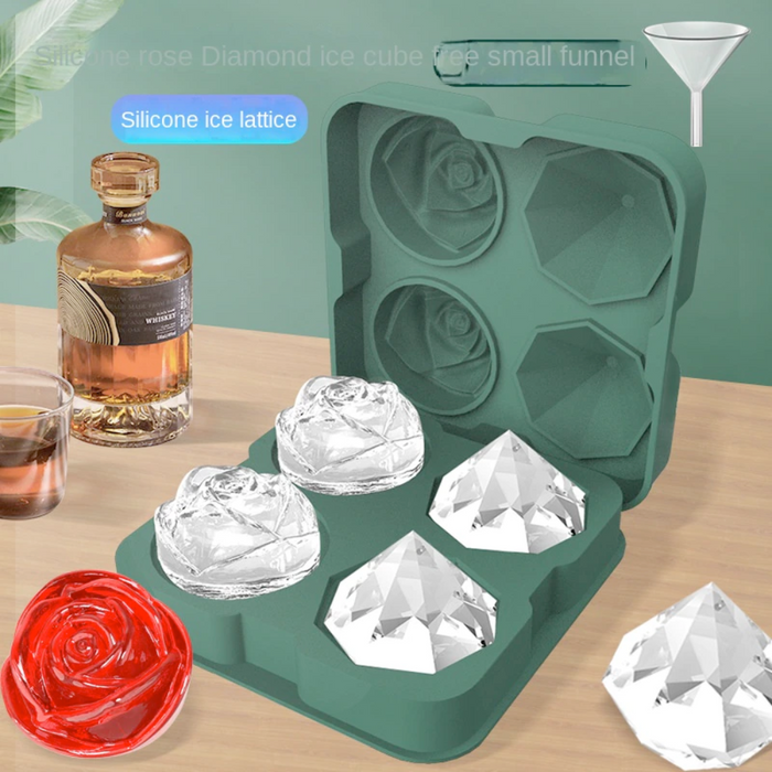 Diamond Rose Ice Cube Mold Maker: dark green, clear rose and diamond shapes, decorative style