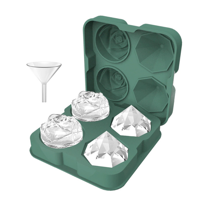 Diamond Rose Ice Cube Mold Maker: dark green, clear rose and diamond shapes, decorative style