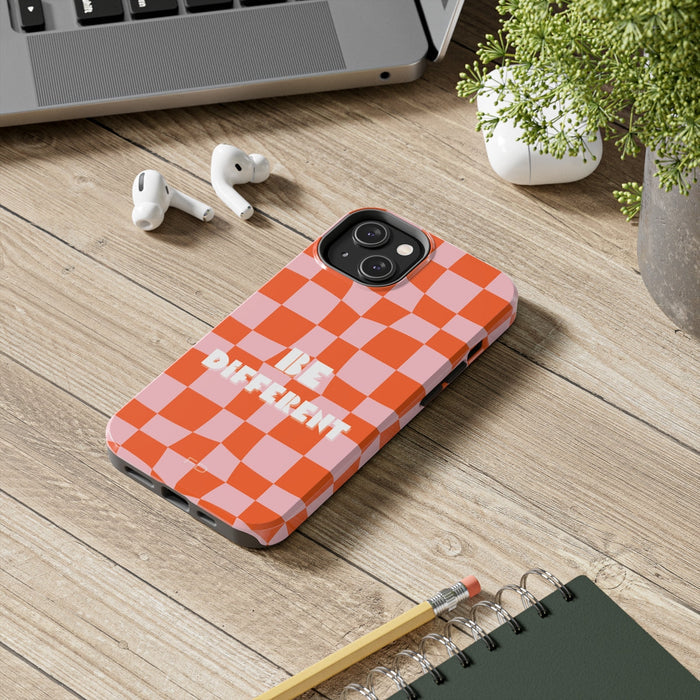 Different Touch iPhone Case with Wireless Charging: orange, light pink phone case, graphic retro style