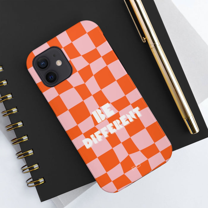 Different Touch iPhone Case with Wireless Charging: orange, light pink phone case, graphic retro style