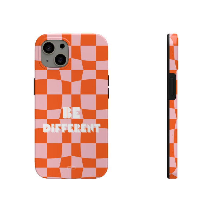 Different Touch iPhone Case with Wireless Charging: orange, light pink phone case, graphic retro style