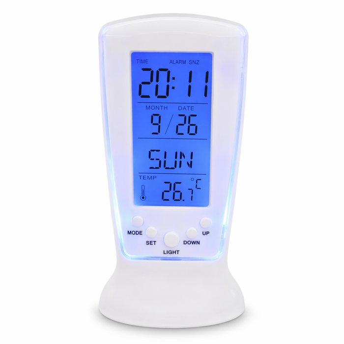 Digital Alarm Clock with LED Display and Clear Design Featuring Calendar and Temperature Indication Default
