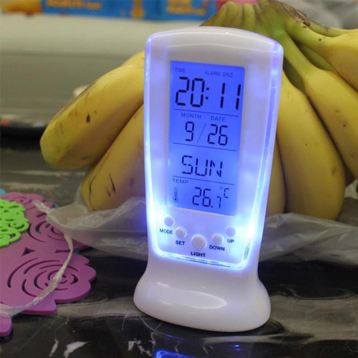 Digital Alarm Clock with LED Display and Clear Design Featuring Calendar and Temperature Indication: white, blue digital alar