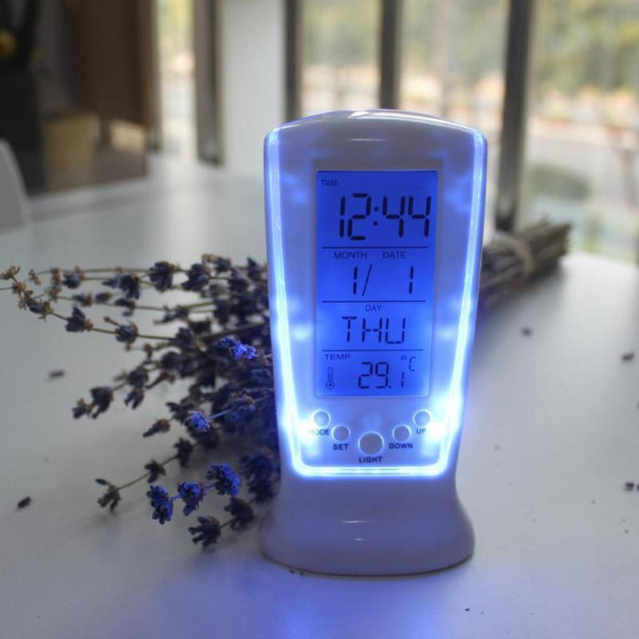 Digital Alarm Clock with LED Display and Clear Design Featuring Calendar and Temperature Indication: white, blue digital alar