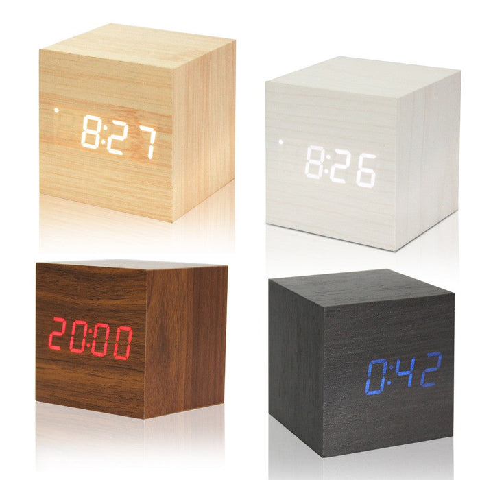 Digital Alarm Clock with LED Wooden Thermometer Display: light natural wood, white digital clock, minimal modern style