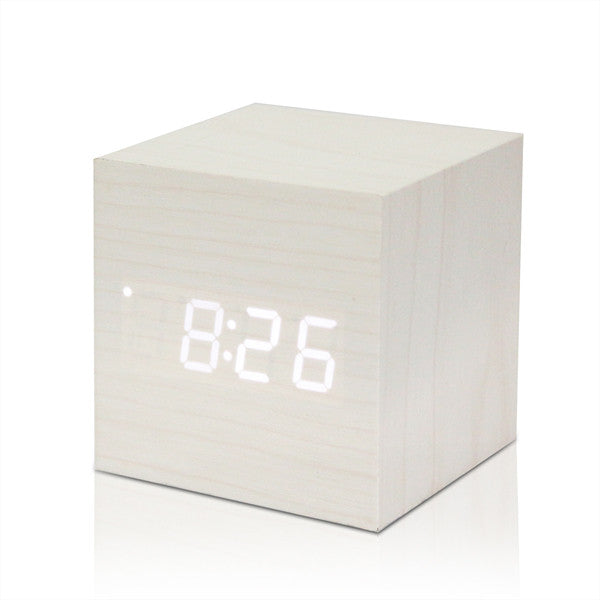 Digital Alarm Clock with LED Wooden Thermometer Display: light natural wood, white digital clock, minimal modern style