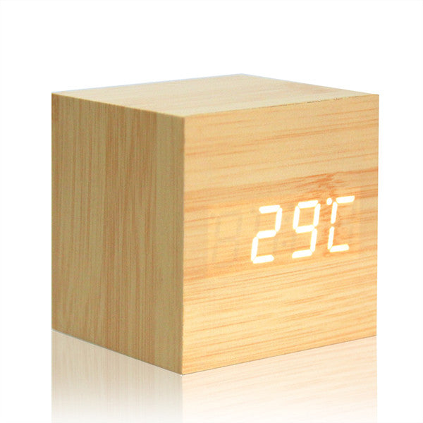 Digital Alarm Clock with LED Wooden Thermometer Display: light natural wood, white digital clock, minimal modern style