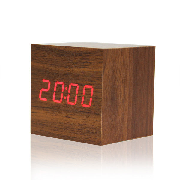 Digital Alarm Clock with LED Wooden Thermometer Display: light natural wood, white digital clock, minimal modern style