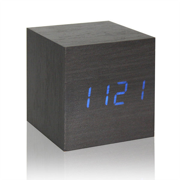Digital Alarm Clock with LED Wooden Thermometer Display: light natural wood, white digital clock, minimal modern style