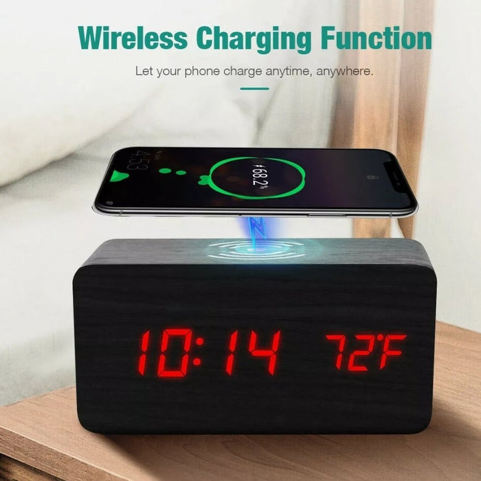 Digital Alarm Clock with Wireless Phone Charging Pad made of Wood: black, dark wood grain digital alarm clock with wireless c