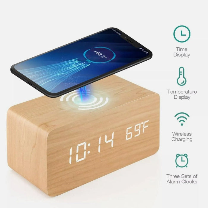 Digital Alarm Clock with Wireless Phone Charging Pad made of Wood: black, dark wood grain digital alarm clock with wireless c