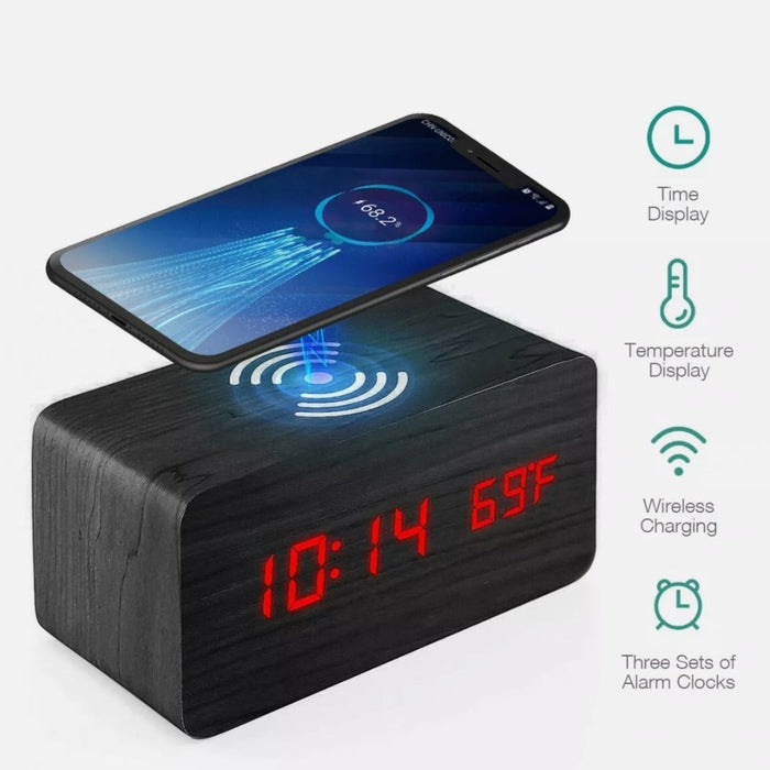 Digital Alarm Clock with Wireless Phone Charging Pad made of Wood: black, dark wood grain digital alarm clock with wireless c