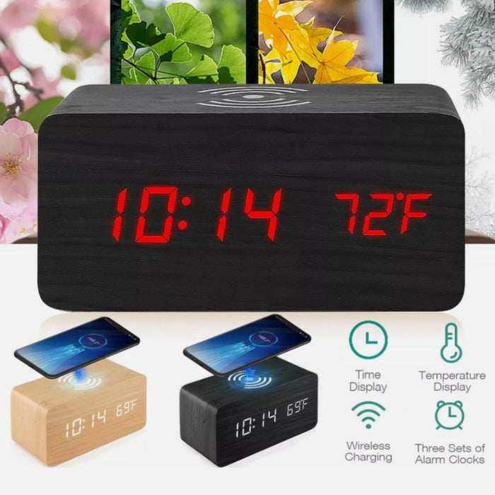 Digital Alarm Clock with Wireless Phone Charging Pad made of Wood: black, dark wood grain digital alarm clock with wireless c