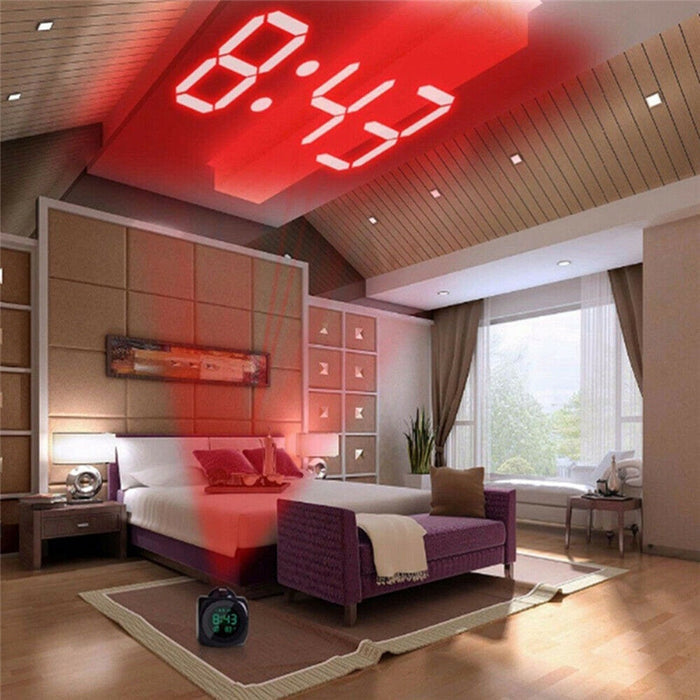 Digital Projection Alarm Clock with Temperature Display: black, red digital alarm clock with ceiling time projection, modern