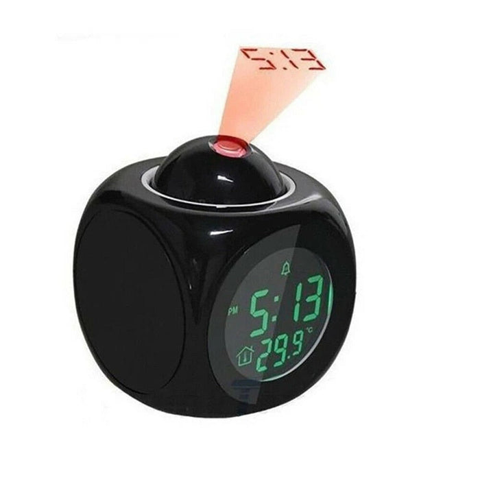 Digital Projection Alarm Clock with Temperature Display: black, red digital alarm clock with ceiling time projection, modern