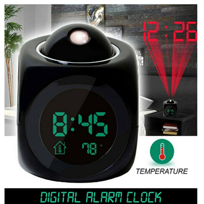 Digital Projection Alarm Clock with Temperature Display: black, red digital alarm clock with ceiling time projection, modern