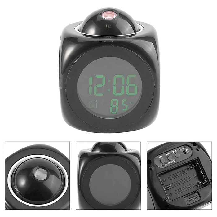 Digital Projection Alarm Clock with Temperature Display: black, red digital alarm clock with ceiling time projection, modern