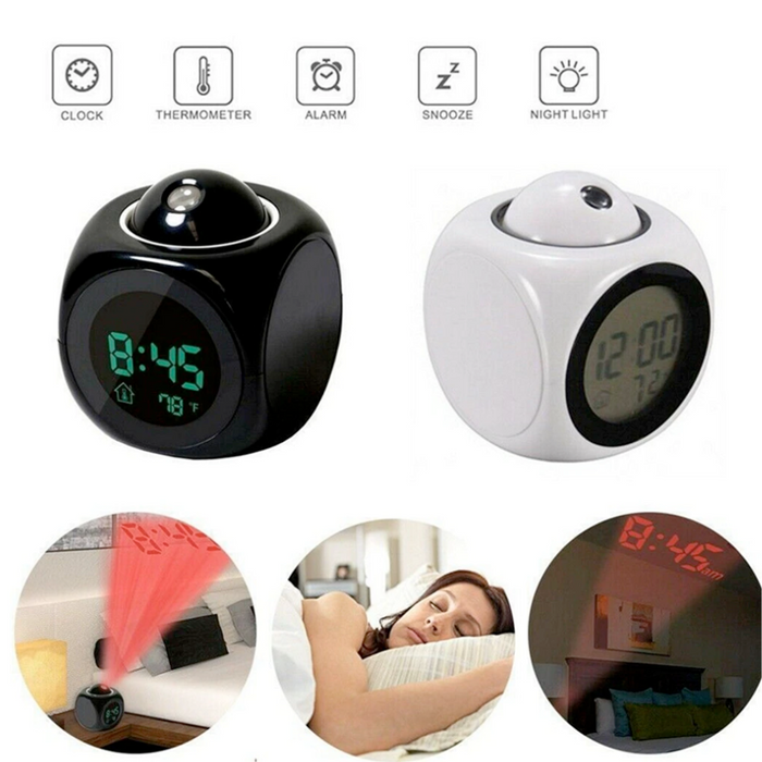 Digital Projection Alarm Clock with Temperature Display: black, red digital alarm clock with ceiling time projection, modern