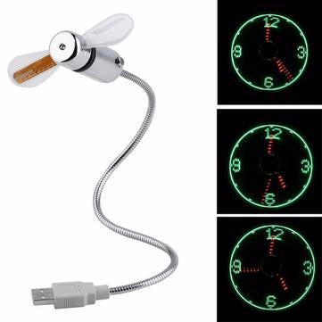 Digital Rotating Fan Clock, USD: silver, white USB flexible-neck fan with clock display, minimal gadget style