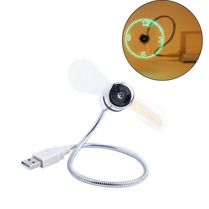 Digital Rotating Fan Clock, USD: silver, white USB flexible-neck fan with clock display, minimal gadget style