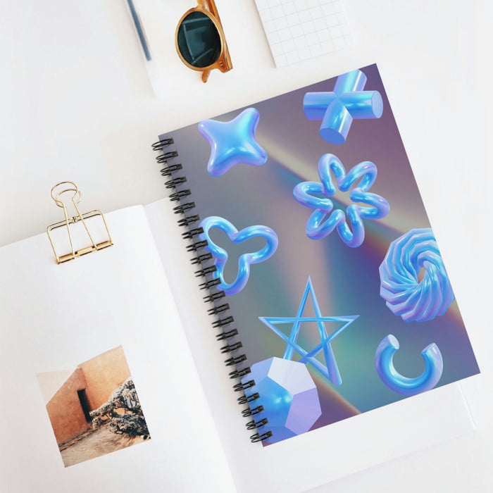 Digital Spiral Notebook: A Space for Your Virtual Ideas: iridescent blue, cyan abstract 3D geometric and floral shapes, futur
