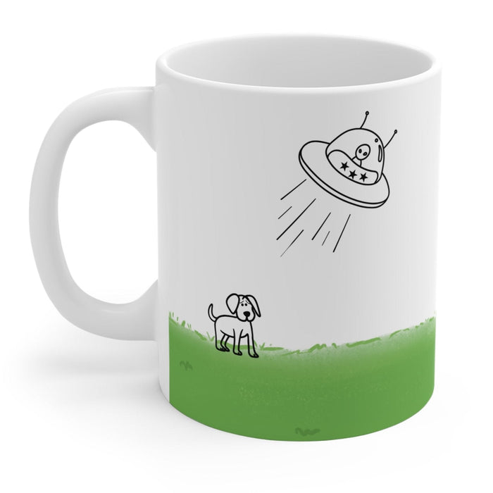 Dog Being Abducted by UFO Mug: white, green cartoon alien spaceship and dog, minimal cartoon style