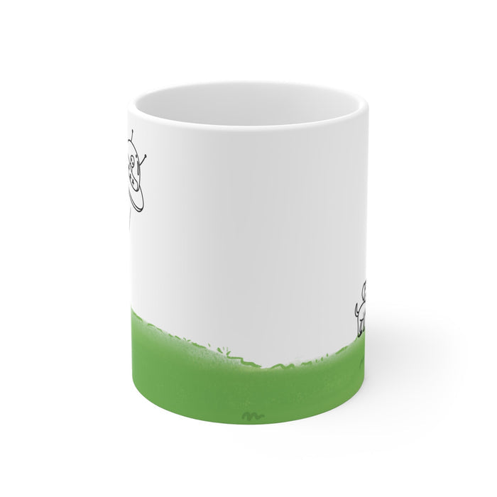 Dog Being Abducted by UFO Mug: white, green cartoon alien spaceship and dog, minimal cartoon style