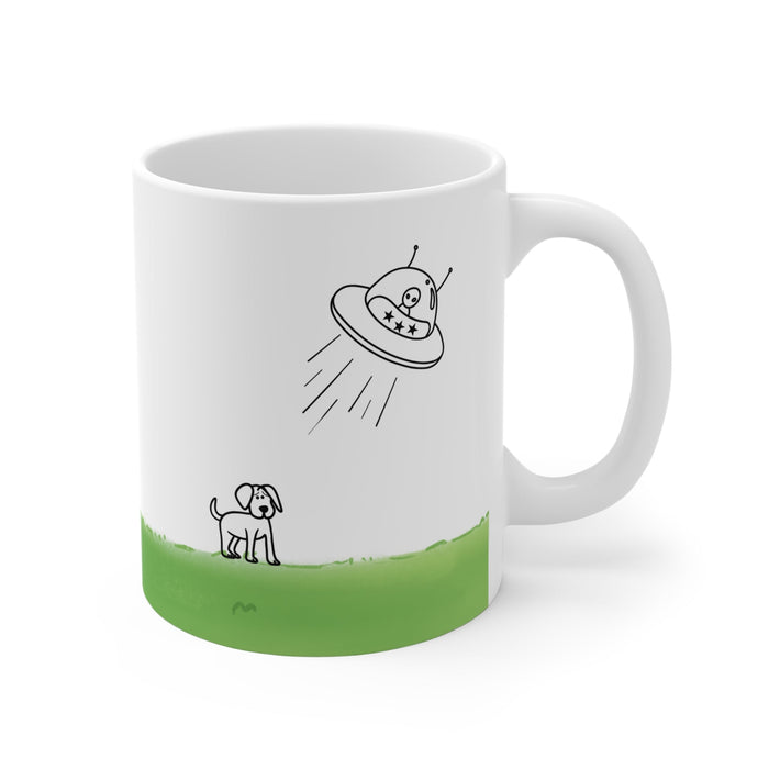 Dog Being Abducted by UFO Mug: white, green cartoon alien spaceship and dog, minimal cartoon style