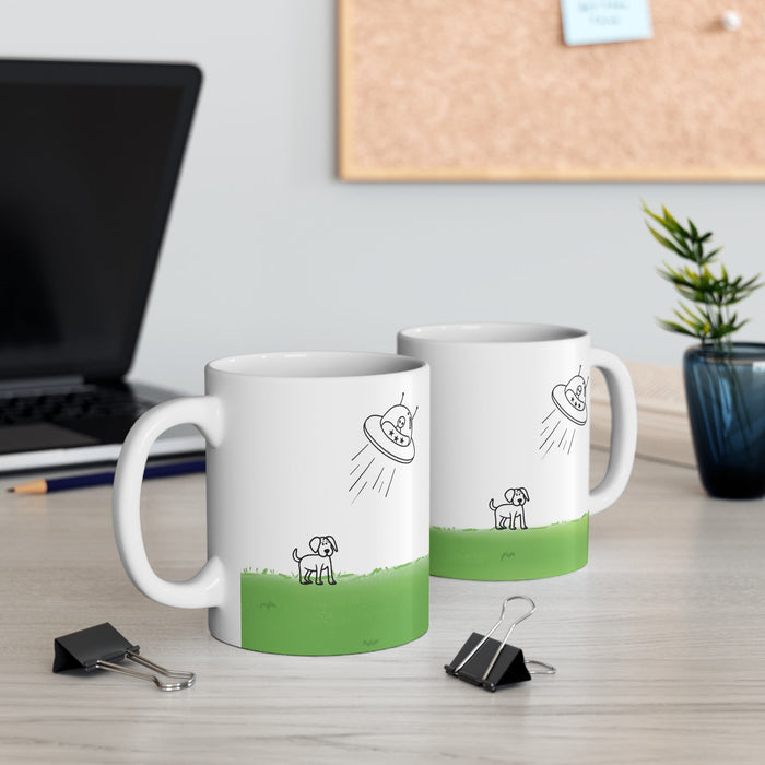 Dog Being Abducted by UFO Mug: white, green cartoon alien spaceship and dog, minimal cartoon style