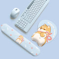 Dog Mouse Pad & Keyboard Wrist Rest: light blue, white Shiba Inu dog character, kawaii cartoon style