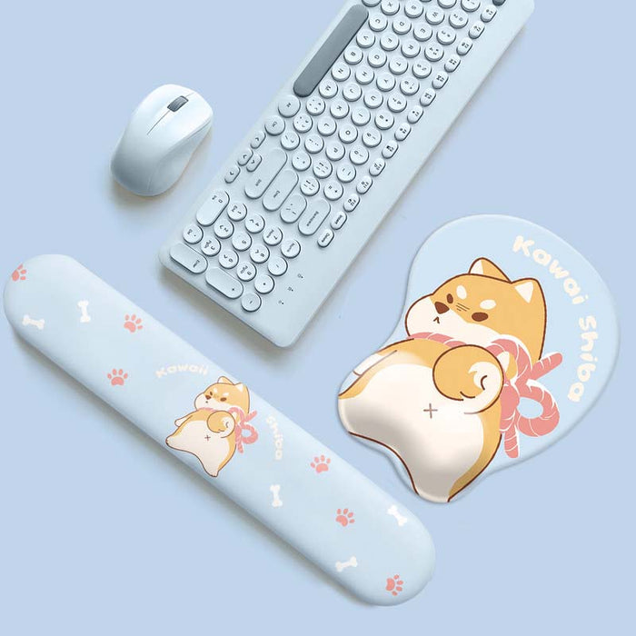 Dog Mouse Pad & Keyboard Wrist Rest: light blue, white Shiba Inu dog character, kawaii cartoon style