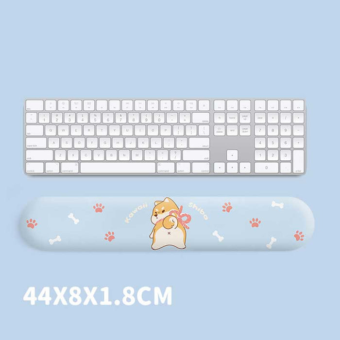 Dog Mouse Pad & Keyboard Wrist Rest: light blue, white Shiba Inu dog character, kawaii cartoon style