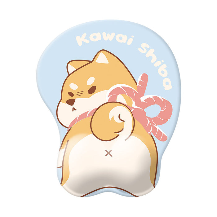 Dog Mouse Pad & Keyboard Wrist Rest: light blue, white Shiba Inu dog character, kawaii cartoon style