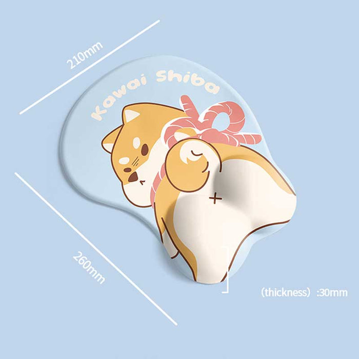 Dog Mouse Pad & Keyboard Wrist Rest: light blue, white Shiba Inu dog character, kawaii cartoon style